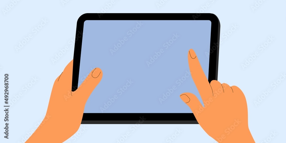 Human Hands are holding tablet computer. Touch screen gesture. Online ...