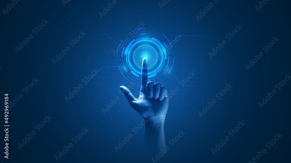 Hand touch digital hud interface futuristic technology background of virtual computer screen display ui future concept or cyber communication hologram and innovation internet system on vr cyberspace. - obrazy, fototapety, plakaty 