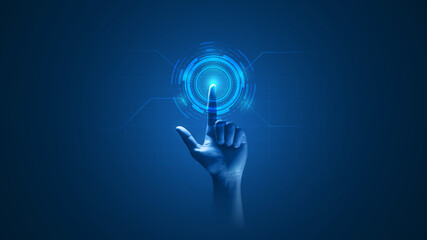 Hand touch digital hud interface futuristic technology background of virtual computer screen display ui future concept or cyber communication hologram and innovation internet system on vr cyberspace.