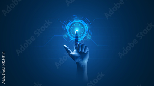 Hand touch digital hud interface futuristic technology background of virtual computer screen display ui future concept or cyber communication hologram and innovation internet system on vr cyberspace. photo