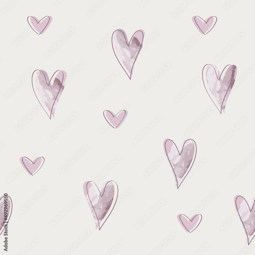 Simple vector background with hearts. Seamless pattern with water color effect. Can be used foe decoration, wallpaper, fabric, textile and much more.