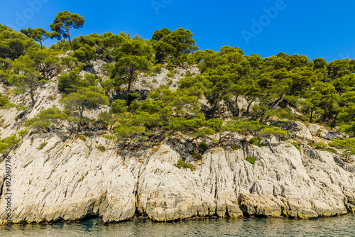 Coastline of the Calanque of Port Pin in Provence between Cassis and Marseille in the Calanques National Park seen from an excursion boat cruising on the Mediterranean sea