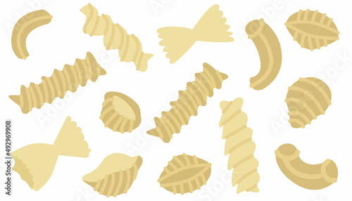 Collection pieces of Italian pasta different shape. Food image. Ingredients for national cuisine. Flat style in vector illustration. Isolated on white background elements.