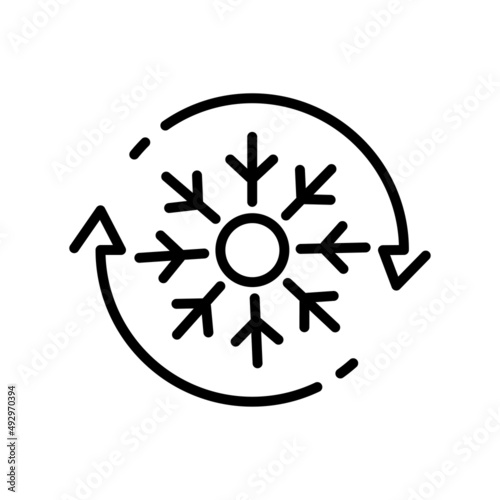 Freezer control icon, auto cooling or defrost, conditioning car or house, snowflake with two rotation arrows, thin line web symbol on white background - editable stroke vector illustration.