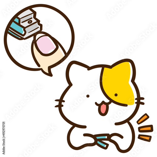 爪切りをするかわいいねこのキャラクターの手描き風イラスト