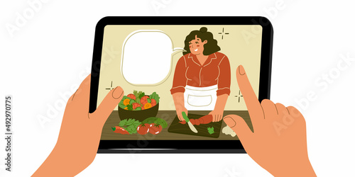 Food blogger. Cooking. Woman makes homemade vegetables. Home canning. Preparing food process. Concept of home made pickles. Chef. Flat style in vector illustration.