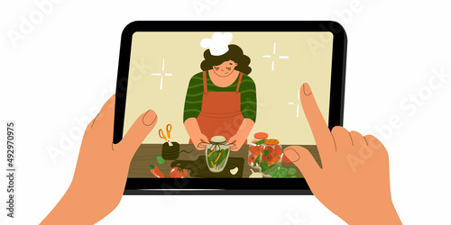 Food blogger. Cooking. Woman makes homemade vegetables. Home canning. Preparing food process. Concept of home made pickles. Chef. Flat style in vector illustration.
