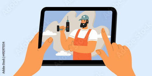 Handyman with screwdriver acting through phone screen. Mobile online services. Helpful advice from the master. Video influencer, internet blogger. Vector illustration. Flat style