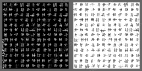2 versions d’un motif représentant des petits batons regroupés par cinq afin de compter les jours à façon d’un prisonnier.