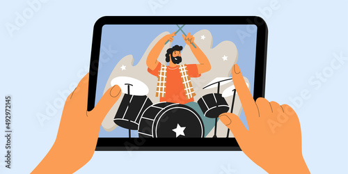 Man playing drums through tablet screen. Communication, video conference, online music concert, podcast, app. Mobile online services. Vector illustration in flat style.