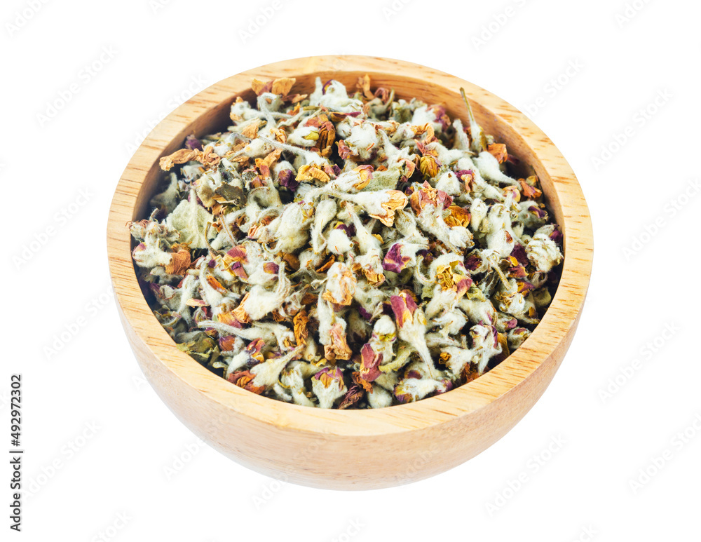 Flower tea. Dried of apple blossom in wooden bowl isolated on white background. Flower tea. Dried of apple blossom in wooden bowl isolated on white background.