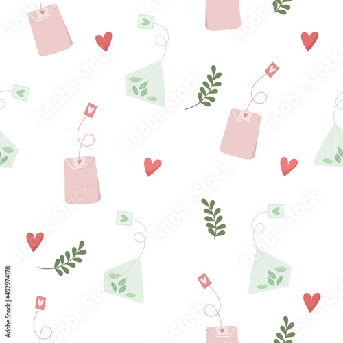 Seamless pattern with tea bags, little simple hearts and branches. Can be used for kitchen decor, fabric, scrapbooking, textile, wallpaper and much more.