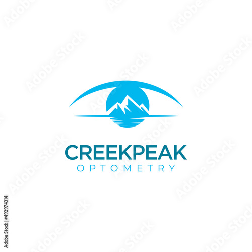 creek peak optometry logo, sky mountain river and sun combine to be eye vector