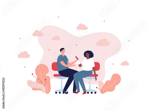 Healthcare and trauma treatment concept. Vector flat people illustration. Male doctor or nurse bandages hand of african female patient sitting on chair. Design for hospital infographic.