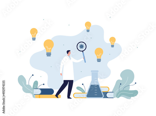 Healthcare and medicine development concept. Vector flat people illustration. Male in white coat doctor or scientist hold magnifying glass. Lab test tube, book and virus symbol.