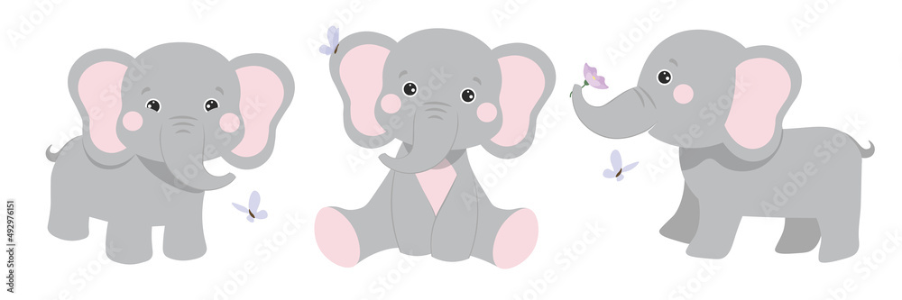 Vector illustration cute and beautiful elephant on white background. Charming character sitting in different poses , butterflies flying around and a side view with a flower in cartoon style. Vector illustration cute and beautiful elephant on white background. Charming character sitting in different poses , butterflies flying around and a side view with a flower in cartoon style.