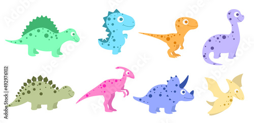 Set of ancient multicolored character dinosaurs in cartoon style. Vector illustration of predators and herbivores, prehistoric reptiles.