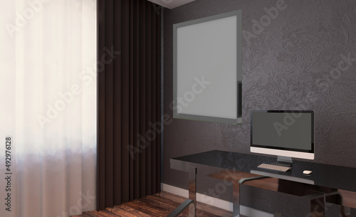 Open space office interior with like conference room. Mockup. 3D rendering.. Mockup.   Empty paintings © COK House