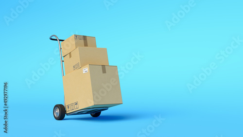 Εκτύπωση καμβά Hand truck with cardboard boxes on blue background