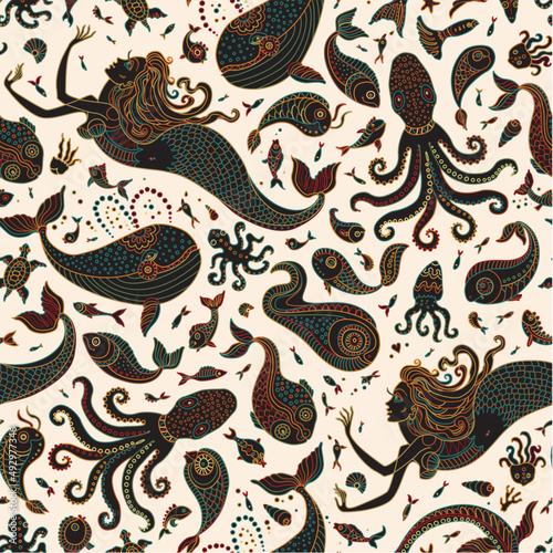 Vector seamless pattern. Fantasy black silhouettes of mermaid, octopus, fish, sea animals, colorful contour thin line drawing with ornaments on a beige background. Embroidery, wallpaper, textile print