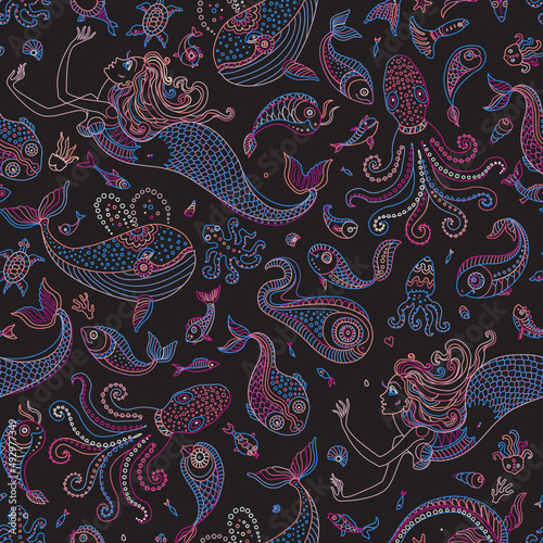 Vector seamless pattern. Fantasy mermaid, octopus, fish, sea animals colorful contour thin line drawing on a black background. Embroidery, wallpaper, textile print, wrapping paper