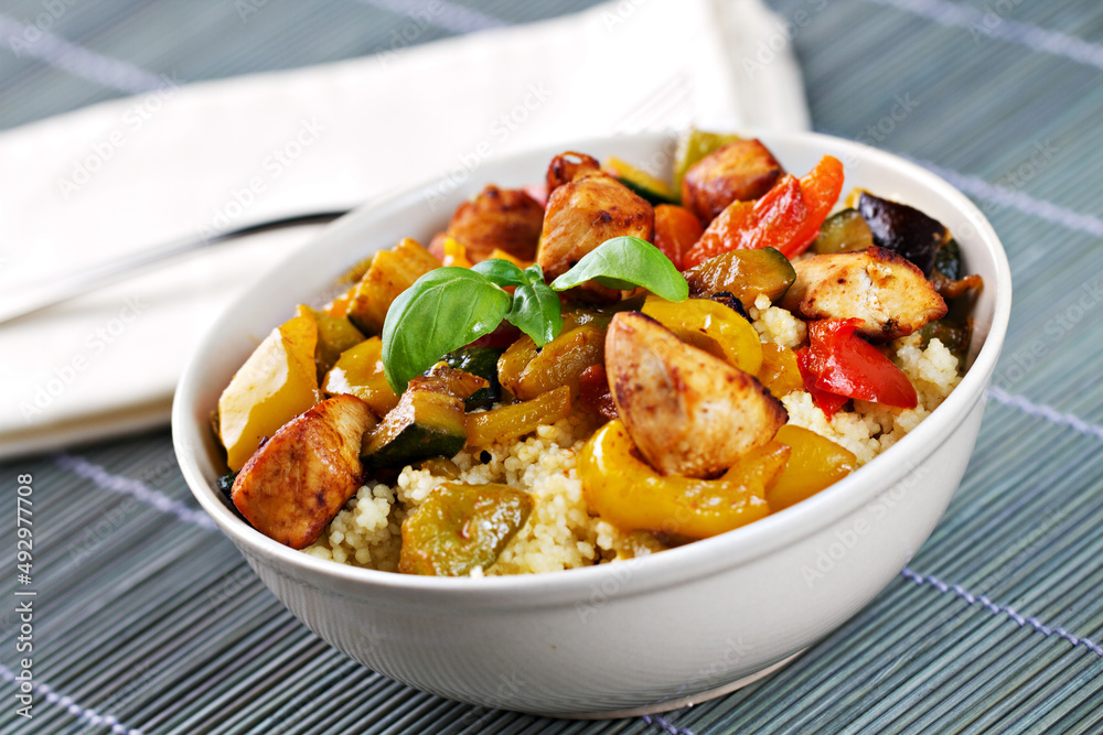 CousCous Bowl whit Meat and Mixed Grilled Vegetables CousCous Bowl whit Meat and Mixed Grilled Vegetables