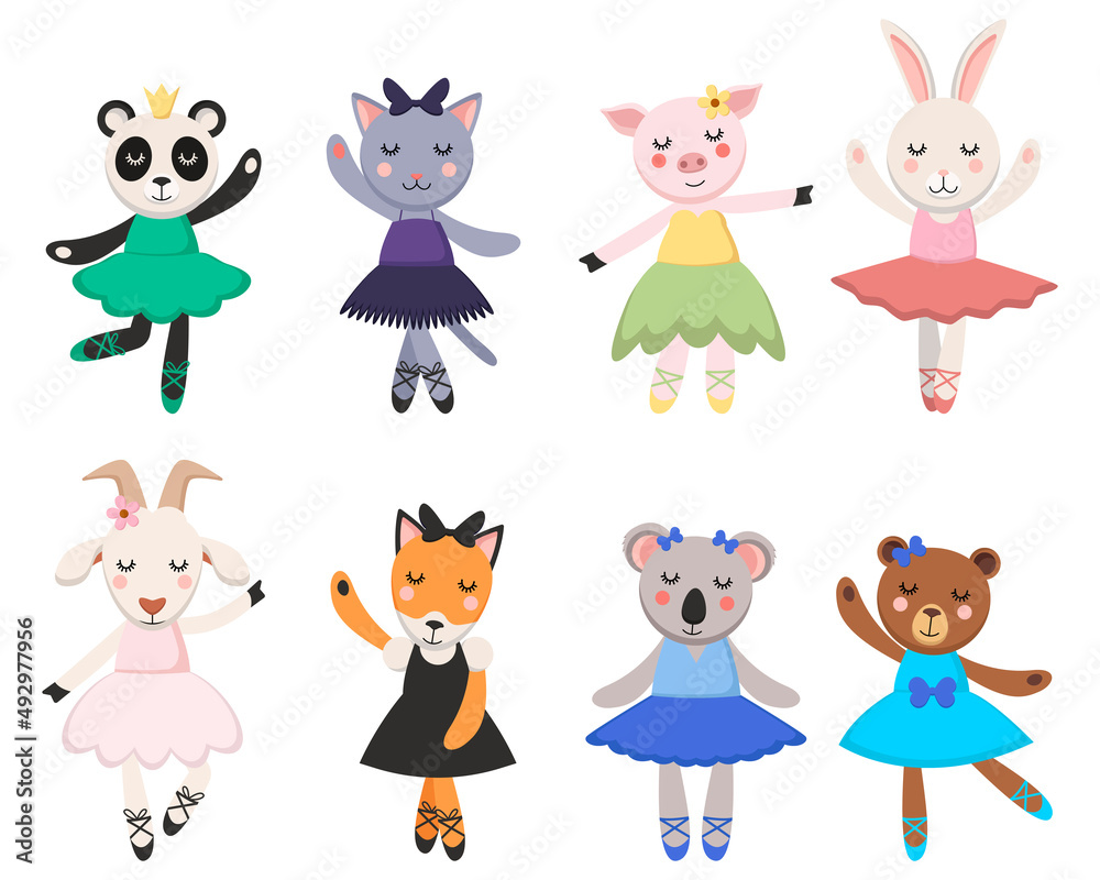 Cute comic animals in dresses dancing vector illustrations set. Rabbit or bunny, fox, koala, bear cartoon characters as ballerinas in tutu skirts. Ballet, fashion concept for kids or little girls Cute comic animals in dresses dancing vector illustrations set. Rabbit or bunny, fox, koala, bear cartoon characters as ballerinas in tutu skirts. Ballet, fashion concept for kids or little girls