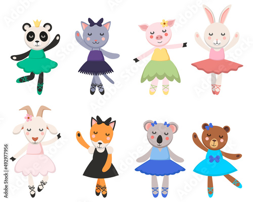 Cute comic animals in dresses dancing vector illustrations set. Rabbit or bunny, fox, koala, bear cartoon characters as ballerinas in tutu skirts. Ballet, fashion concept for kids or little girls