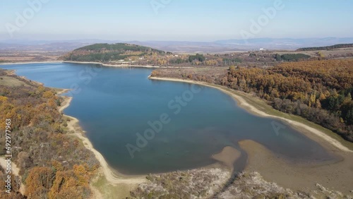 Aerial Autumn view of Izvor Reservoir at Konyavska Mountain, Pernik region, Bulgaria photo