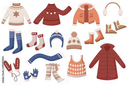 Warm woolen clothes vector illustrations set. Cute cartoon doodles with female winter wear, sweaters or jumpers, boots, hats, scarves, gloves and mittens, jacket, coat, socks. Seasons, fashion concept © PCH.Vector