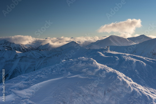 Beautiful winter views of the High Tatra Mountains with tourists, skiers and amazing states of nature 