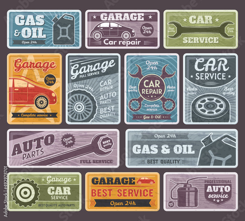 Vintage car, auto service, garage and gasoline station posters. Rusty, old gas station signs vector illustration set. Metal car service banners