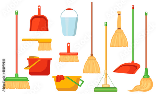 Cleaning tools for housework set. Vector illustrations of plastic housekeeping equipment. Cartoon broom mop sweeper squeegee bucket dustpan pail isolated on white. Cleanup, service, hygiene concept