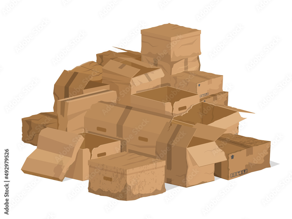 Broken damaged cardboard boxes, torn carton packaging. Broken delivery cardboard packages or mail parcels vector illustration set. Damaged crate boxes