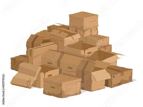 Broken damaged cardboard boxes, torn carton packaging. Broken delivery cardboard packages or mail parcels vector illustration set. Damaged crate boxes