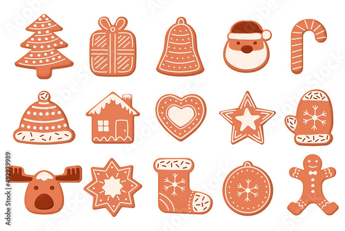 Gingerbread cookies set. Vector illustrations of sweet homemade snacks with icings for winter holidays. Cartoon cute ginger biscuits of different shapes isolated on white. Christmas, dessert concept