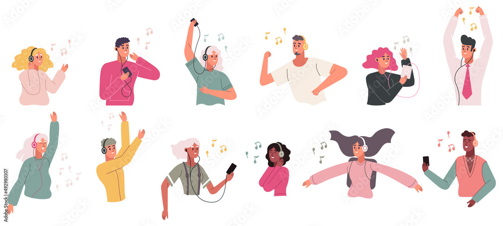 People listening music in earphones and headphones. Happy human character enjoying audio vector illustration set. Adults dancing in headphones