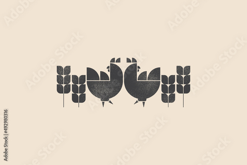 Silhouette vector illustration of two roosters and ears of corn on a light isolated background. Design element for store, market, menu design, packaging and labels. Vector illustration.