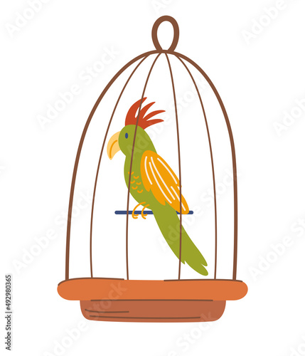 Parrot in a cage. Tropical bird macaw. Exotic wild creature with yellow feather. Poultry. Hand drawn vector illustrations.