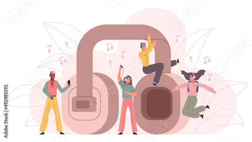 Music people, cartoon characters enjoy music playlist. Happy human dancing to music vector illustration set. Huge earphones play favourite song