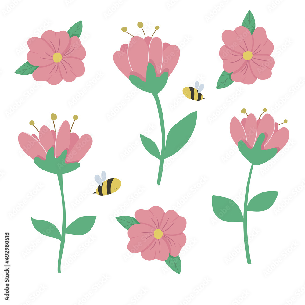 Set of cute flat style pink flowers and bees. Vector elements isolated on white background. Botanical illustration for fabric design, greeting card, decoration, scrapbooking and much more.