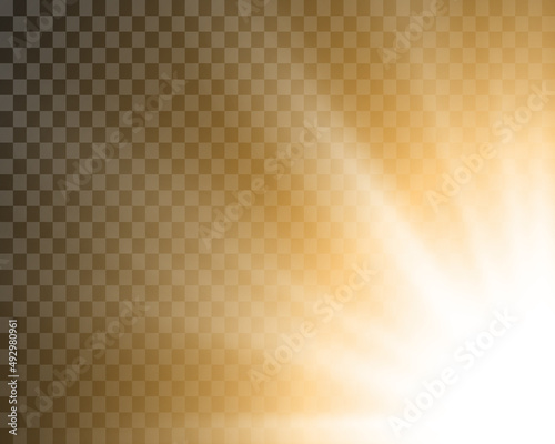 Front sun lens flash. Blur in the light of radiance. Transparent sunlight special lens flash light effect. Light highlight yellow special effect with rays of light and magic sparkles. Sun.