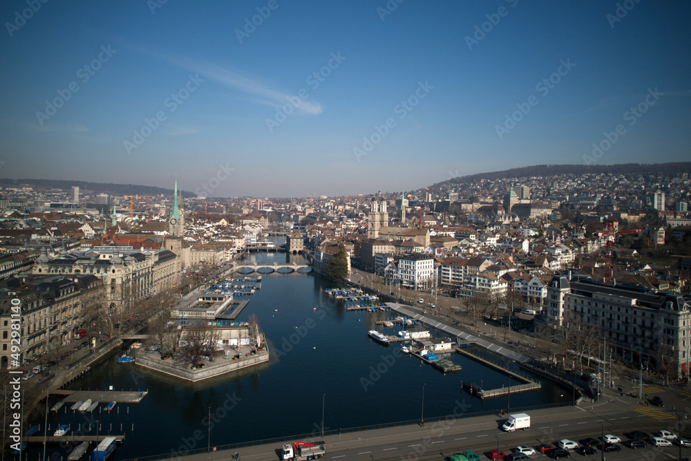 Aerial view of City of Zürich with river Limmat, the medieval old town and lake Zürich on a sunny spring afternoon. Photo taken March 4th, 2022, Zurich, Switzerland.