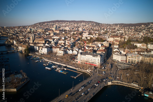 Aerial view of City of Zürich with river Limmat, Bellevue Square and lake Zürich on a sunny spring afternoon. Photo taken March 4th, 2022, Zurich, Switzerland.
