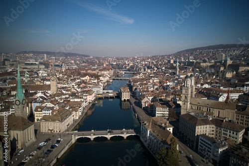Aerial view of City of Zürich with river Limmat, the medieval old town and lake Zürich on a sunny spring afternoon. Photo taken March 4th, 2022, Zurich, Switzerland.