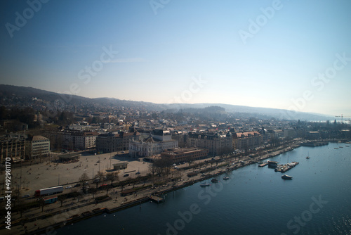 Aerial view of City of Zürich with Sechseläuten Square and opera house in the background on a sunny spring afternoon. Photo taken March 4th, 2022, Zurich, Switzerland.
