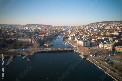 Aerial view of City of Zürich with river Limmat, the medieval old town and lake Zürich on a sunny spring afternoon. Photo taken March 4th, 2022, Zurich, Switzerland.