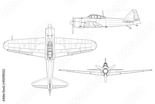 Planos de avión de caza clásico de la segunda guerra mundial A6M Zero