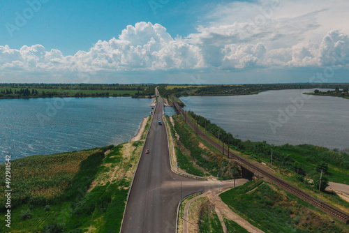 Nikopol. Ukraine. Alekseevsky bridge from a drone. Repaired bridge after destruction.