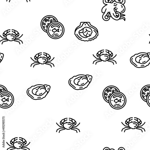 Seafood Cooked Food Dish Menu Vector Seamless Pattern Thin Line Illustration